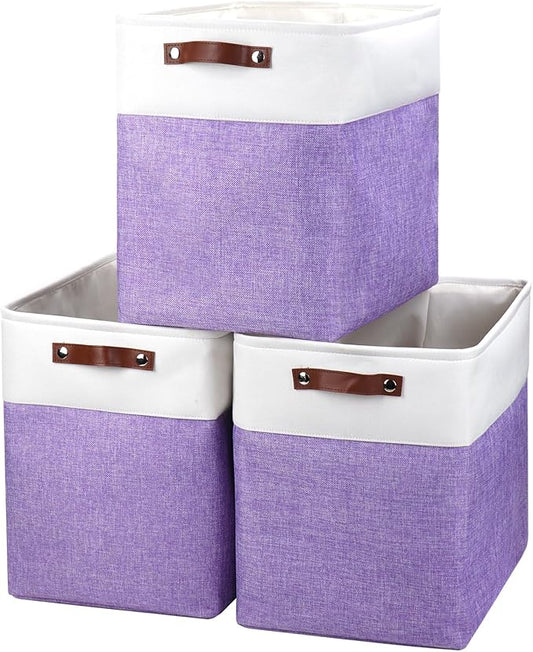 Large Fabric Storage Baskets, 50L Storage Bins, Purple&White