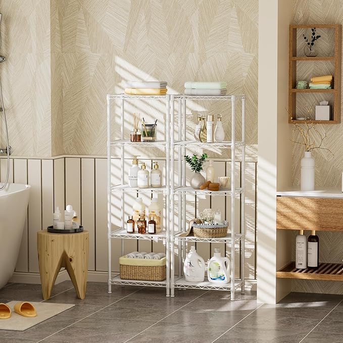 Golpart Small 5 tire Shelves Storage Wire Shelving Unit Metal Shelf Adjustable Organizers Storage Shelving for Bathroom Laundry Room Kitchen Pantry10”D x 16”W x 55”H White