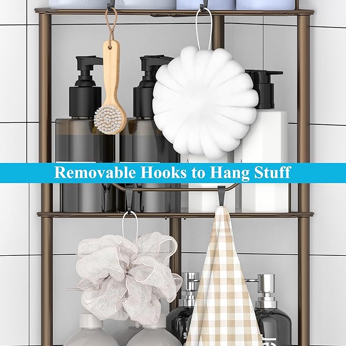 HuggieGems 3 Tier Floor Standing Corner Shower Caddy Organizer Shelf with Hooks, Bathroom Shelves Stand Rack, Bronze