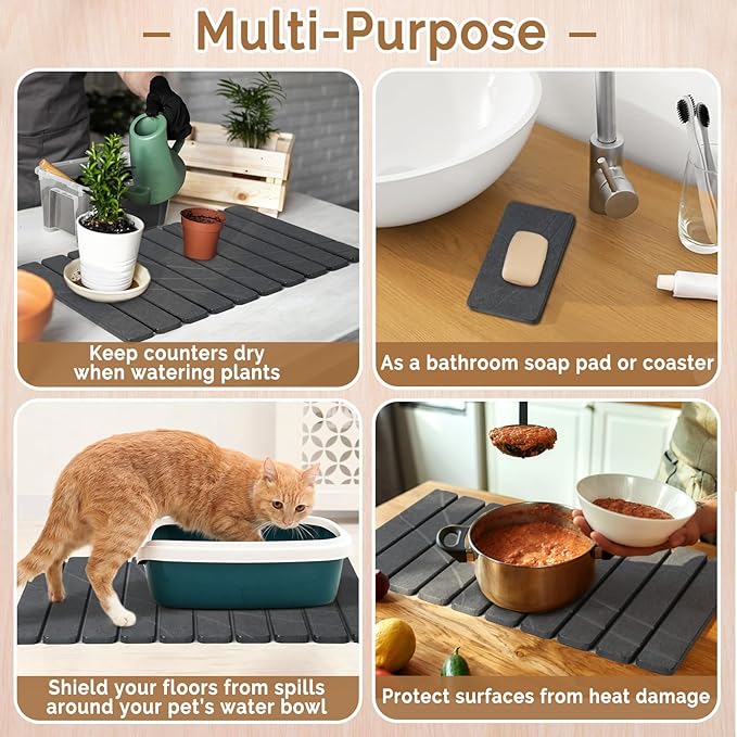Large Stone Dish Drying Mat for Kitchen Counter, 2 PCS Quick Dry Stone Mats
