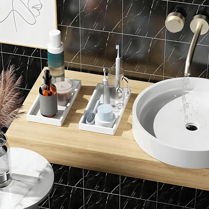 BBK Bathroom Vanity Tray 7.8 in - 2 Pack(Small) Silicone Bathroom Tray for Counter, Perfume Key Trinket Ring Tray, Decor Soap Dispenser Countertop Tray for Kitchen Sink Organization (White)