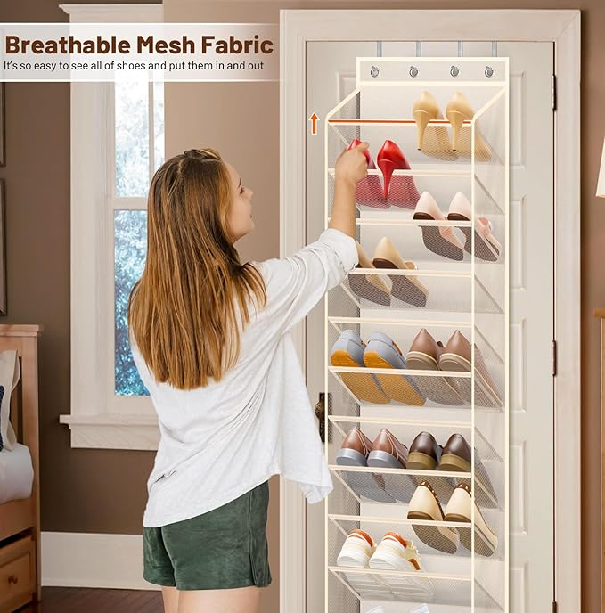 12 Tier Over the Door Shoe Organizer Breathable Mesh Hanging Shoe Rack, Beige