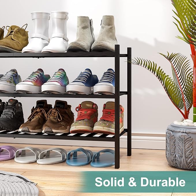 3-Tier Long Black Shoe Rack, Bamboo Wood Shoe Rack for Closet