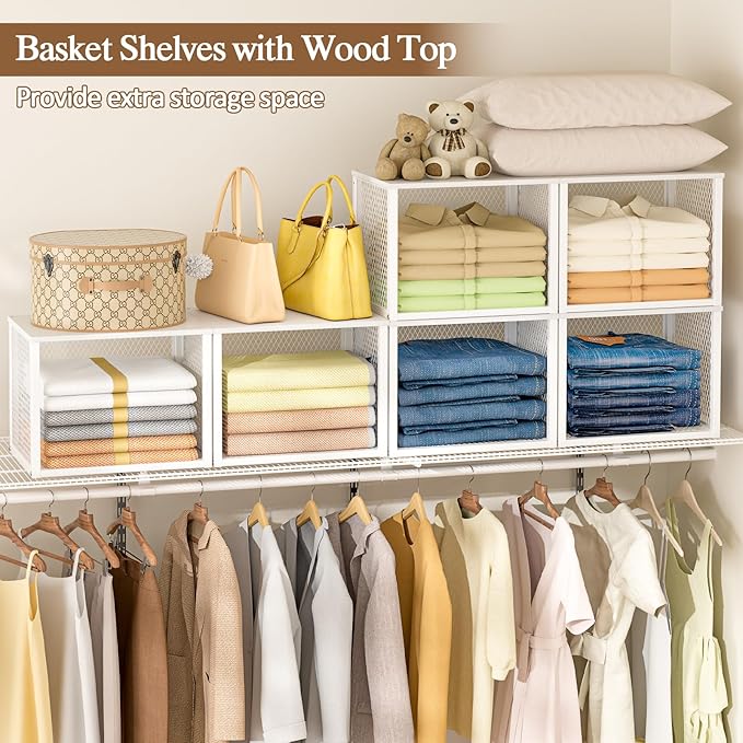 3 Pack Stackable Closet Organizers and Storage Basket, Closet Shelves with Wood Top Extra Storage, Multifunctional Clothes Organizer Bins/Cube Storage Drawer for Wardrobe Kitchen Laundry Room, White