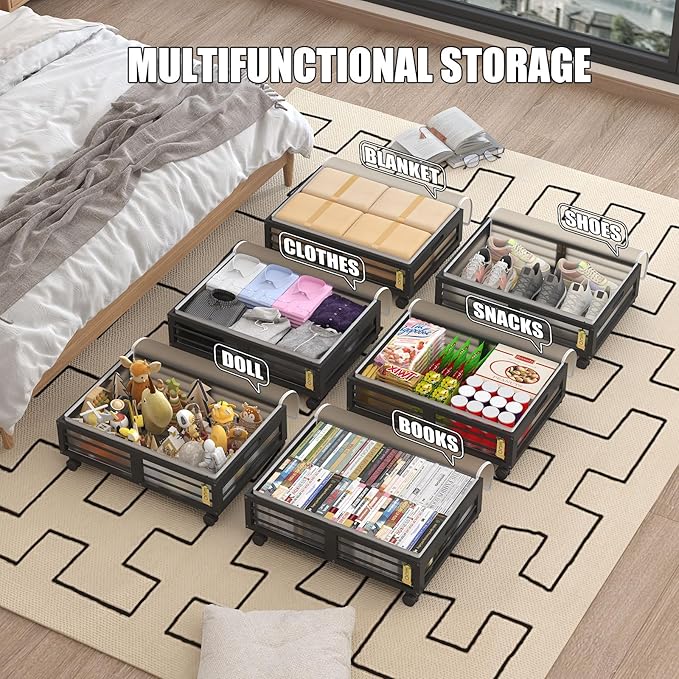 Bamboo Underbed Storage Containers with Wheels & Bag 2 Pack, Under Bed Rolling Storage Bins, Wood Underbed Shoe Clothes Storage Stackable Drawers for Bedroom Closet Under Crib Toy (Black)