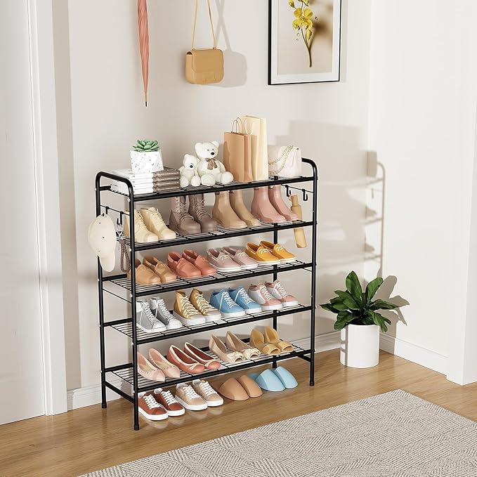 5 Tier Shoe Rack 33" Wide Metal Shoe Organizer Long Shoe Storage with 4 Side