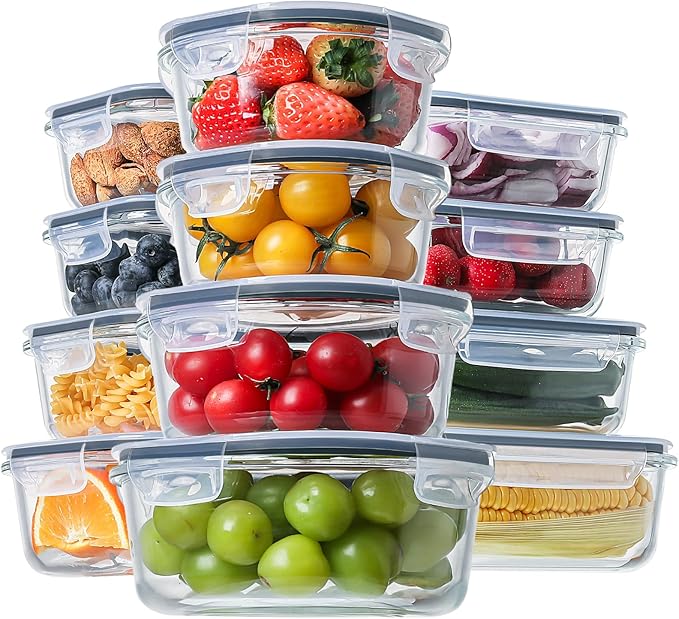 24pc Glass Food Storage Containers with Lids, Glass Meal Prep Containers, Gray