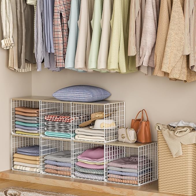 Hencawima 4 Pack Closet Organizers and Storage with Wood Top, Stackable Closet Shelf Organizer, Double Storage Design, Clothes Storage Basket/Cube Organizer for Wardrobe, Sturdy, White