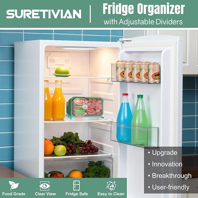SURETIVIAN Freezer Organizer 12” Visible Fridge Organizer Rack with Removable Dividers and Handles, Freely Adjustable, Fits Refrigerator Frozen Meals, Lunch Meat Box, Cheeses (Mint Green)