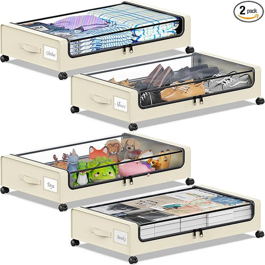 YAASHEEN Under Bed Storage with Wheels, Under the Bed Storage Containers with Clear Lids & Label, Underbed Storage Bins, XXL 60L Rolling Metal Drawer for Clothes, Shoes, Toys, Books (4-Pack Beige)