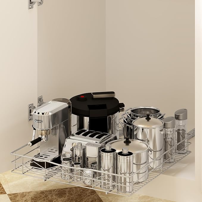 Pull Out Cabinet Organizer, 50LB Load Capacity Bottom-mount Sliding Drawer for Pots and Pans, 20" W x 21" D Under Sink Storage Shelf for Cabinet Opening 21" W x 22" D or Larger, Chrome Finish