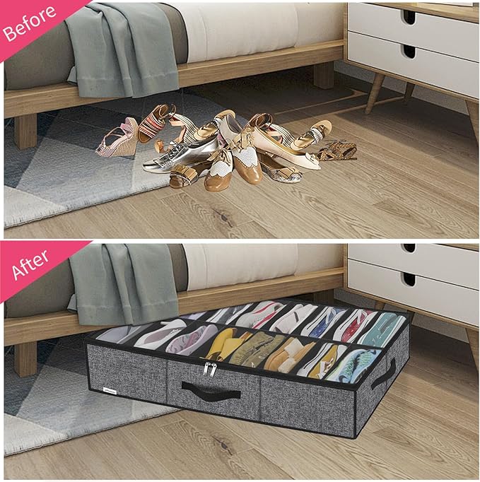 Sturdy Under Bed Shoe Storage Organizer with Handles and Clear Window Fit 16