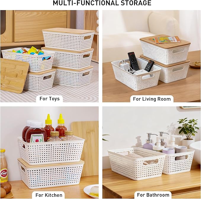 Storage Bins with Lids 10 Packs, Plastic Storage Bins with Bamboo Lids for Pantry Organization and Storage Containers for Shelves Drawers Desktop Closet Playroom Classroom Office Home, White