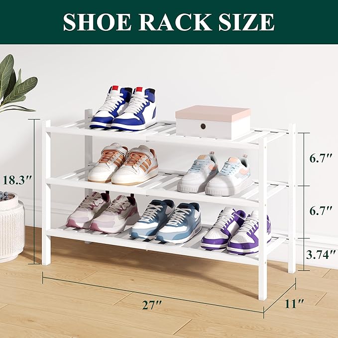 Smiry Bamboo Shoe Rack for Closet, 3 Tier Wooden Shoe Organizer, Stackable Wood Shoe Storage Shelf for Entryway, 14 Vertical Slats, One-piece Heavy-Duty Legs, 26.77"x11.02"x18.31", White