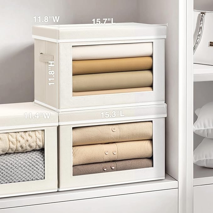 Homsorout Large Storage Bins with Lids - Fabric Storage Cubes with Window, Collapsible Bins for Clothes, 15.7 Inch Large Baskets for Bedroom, Dorm, Office, Beige, 6 Pack