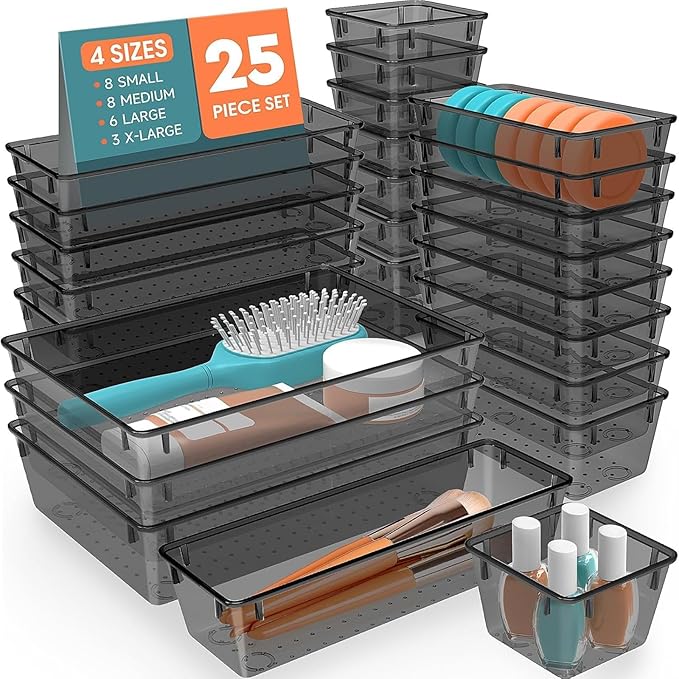 25 PCS Plastic Drawer Organizer Set, Clear Black