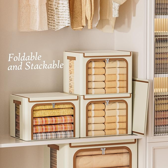 Clothes Storage Bins with Metal Frame, 3 Pack,Beige,66L
