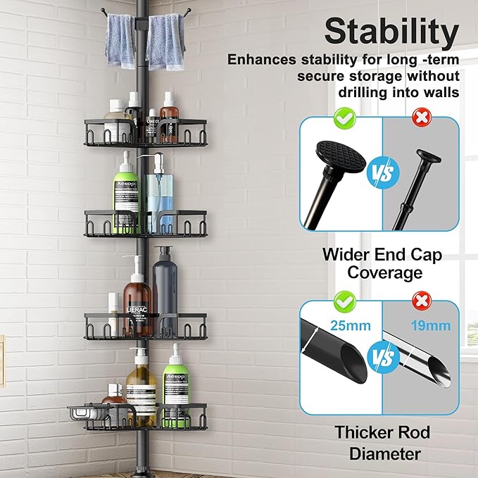 Corner Shower Caddy Tension Pole 4 Tier Adjustable Stainless Steel Shower Shelf for Inside Shower Bathtub Shampoo,Standing Bathroom Organizer Shelves with 39 to 113 inch Height