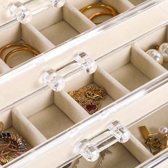 Frebeauty Acrylic Jewelry Organizer Earring Organizer Box with 5 Drawers Earring Holder Organizer with Velvet Trays Clear Jewelry Box for Women Earring Display for Rings Studs(Beige)