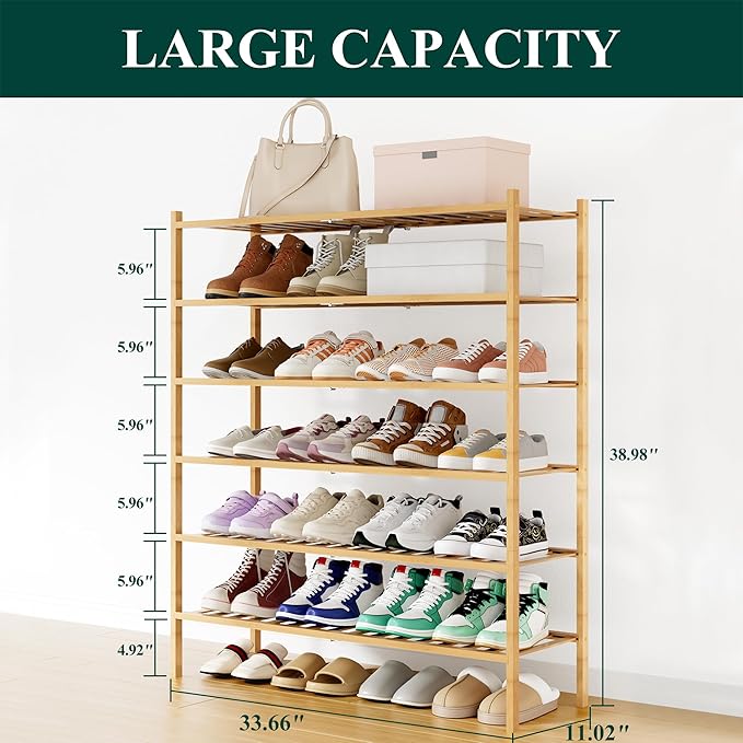 Smiry Long Bamboo Shoe Rack, 6 Tier Free Standing Wooden Shoe Organizer, Stackable Wood Shoe Storage Shelf for Closet, Entryway, 12 Vertical Slats, 2+2+2 Stack Standard Legs, 33.7"x11"x39", Natural