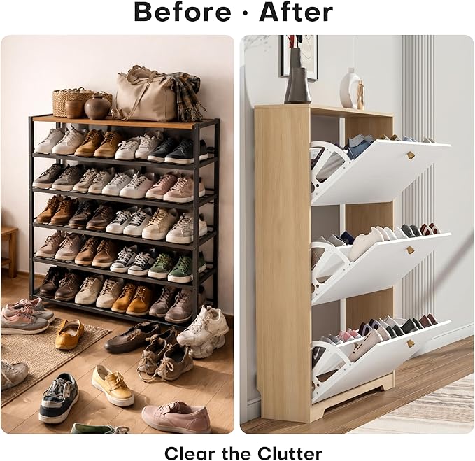 Nicetree Shoe Cabinet with 3 Flip Drawers，Freestanding Shoe Storage Cabinet, Narrow Shoe Organizer Cabinet, Farmhouse Slim Shoe Rack Cabinet for Entryway,Natural Oak and White with Hook