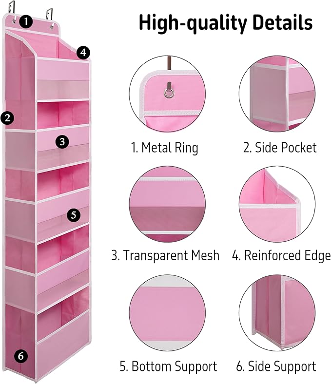 TYMENSH Over Door Organizer with 5 Large Pockets, Heavy Duty Hanging Organizer Storage, Closet Bathroom Nursery Bedroom Dorm, Toys Cosmetics Sundries and Baby Essentials, Pink