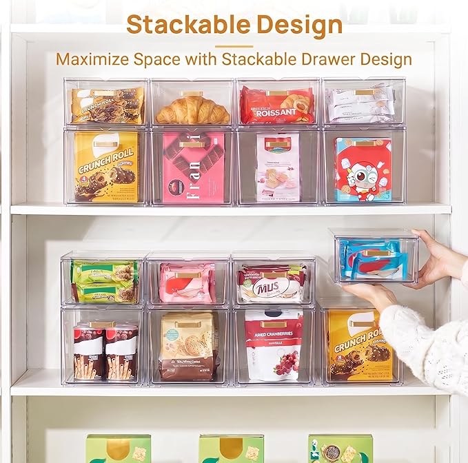 LALOBLUE Clear Stackable Drawer Organizer, 4 Pack Acrylic Storage Drawers with Pull-Out Design, Space-Saving Organizer for Bathroom, Vanity, Kitchen & Office