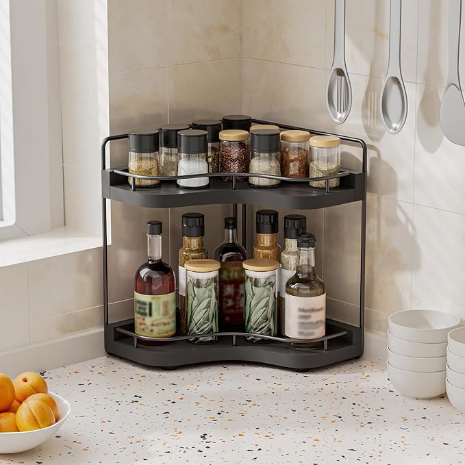 2-Tier Corner Bathroom Counter Organizers, Stable Wood Vanity Shelf for Perfume, Skincare & Makeup, Larger Size Countertop Organizer and Storage for Bathroom, Kitchen and Dresser(Black)