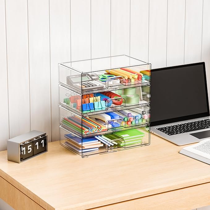 12.2''W Clear Stackable Storage Drawers, 4 Pack Acrylic Drawers