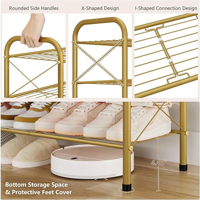 Hoctieon 3 Tier Mesh Style Shoe Rack, Entryway Shoe Shelf, Shoe Storage Organizer, Shoe Rack for Closet, Space Save for Bathroom, Garage, Hallway, Bedroom, Living Room, Gold