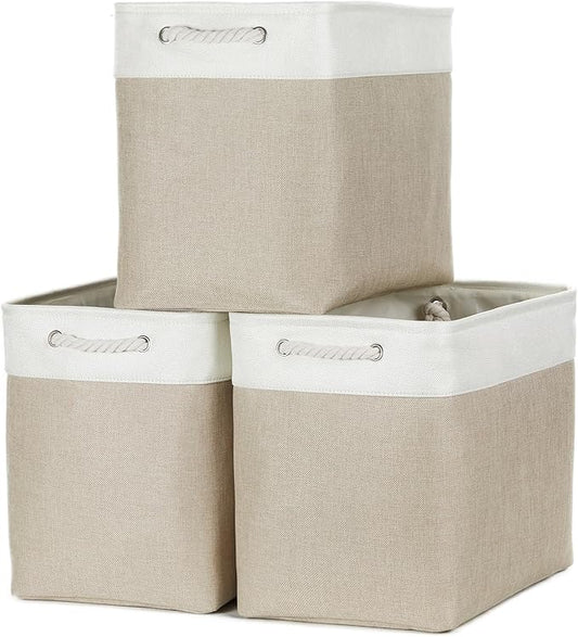 Bidtakay Extra Large Storage Baskets for Organizing 17x12x15.1 inch 3-Pack Fabric Closet Organizers Storage Bins with Handles Foldable Storage Baskets for Shelves Clothes XL-White&Beige