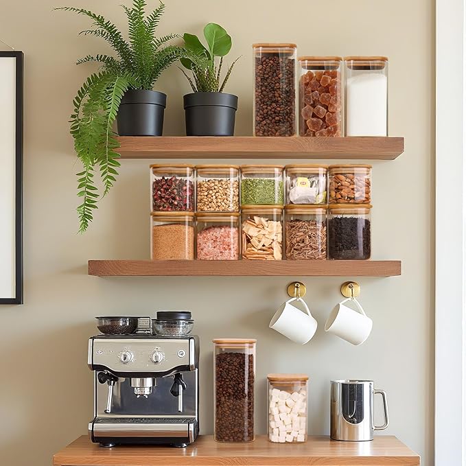 6-Pack Square Glass Pantry Storage Containers with Lids, Airtight Stackable Pantry Organization and Storage Set (1.6 Qt/1 Qt) for Snacks, Cereal & Coffee