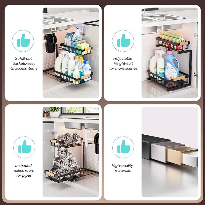 ADBIU Under Sink Organizer, 2 Pack 2 Tier Expandable Height (13.2" - 17.2") Pull Out Kitchen Bathroom Cabinet Organizers and Storage Shelf