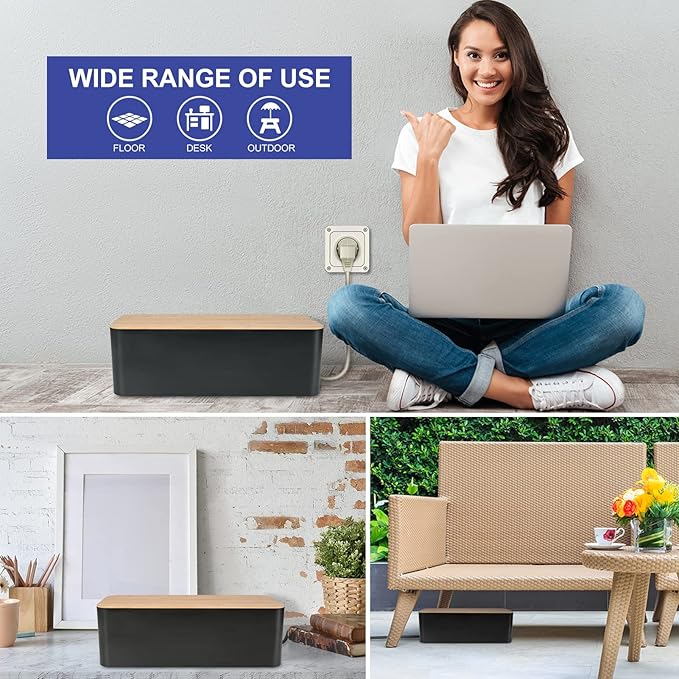 Cable Management Box - Wooden Style Large Cord Organizer to Hide Wires & Power Strips | Desk Computer Cable Organizer | Safe ABS Material | 16" (L) x 6.2" (W) 5.3" (H) | for Home & Office - Black