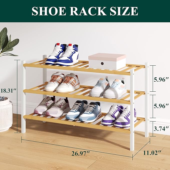 Smiry Bamboo Shoe Rack for Closet, 3 Tier Wooden Shoe Organizer, Stackable Wood Shoe Storage Shelf for Entryway, 14 Vertical Slats, One-piece Heavy-Duty Legs, 26.77"x11.02"x18.31", Natural & White