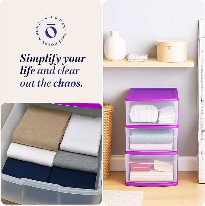 Drawer Tower, 3-Tier Clear Plastic Storage Organizer Cart, Purple Frame