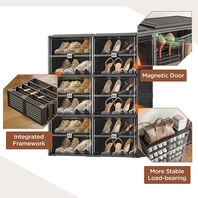 Vipbox Black Shoe Rack Organizer Cabinet for Closet Entryway,Clear Shoe Storage Boxes Stackable Sneaker Storage with Door Easy Assembly Shoe Cabinet with Lids Large 6 Tiers 24 Pairs