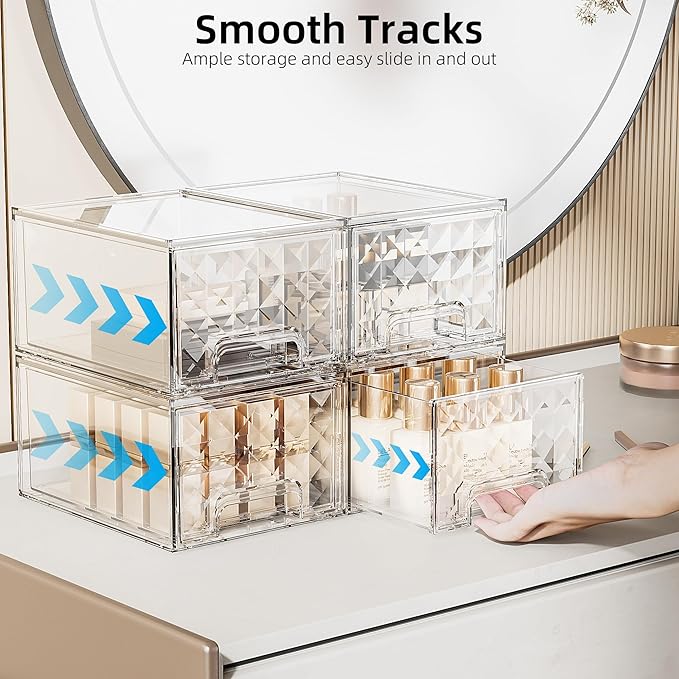 Delamu 8 Pack Stackable Storage Drawers, Makeup Skincare Holder Vanity Storage Organizer, Plastic Drawers For Vanity Desk, Undersink, Kitchen Cabinet, Pantry, Clear, Ideal Gifts for Women