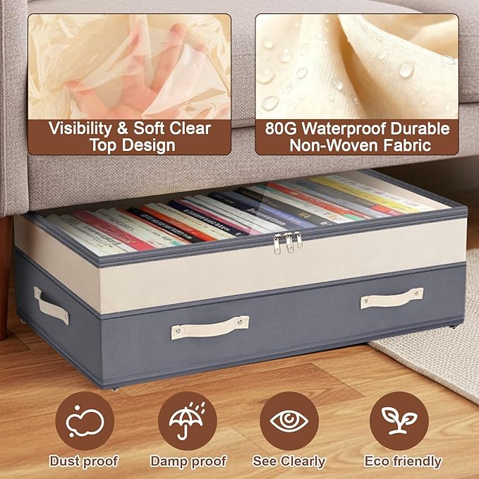 Dolicer 2 Pack Under Bed Storage with Wheels, 6in-10in Height Adjustable Underbed Storage Containers, 92L XXXL Under Bed Drawers Rolling Bin with Clear Lids for Dorm Shoes Clothes Organizer(Dark Grey)