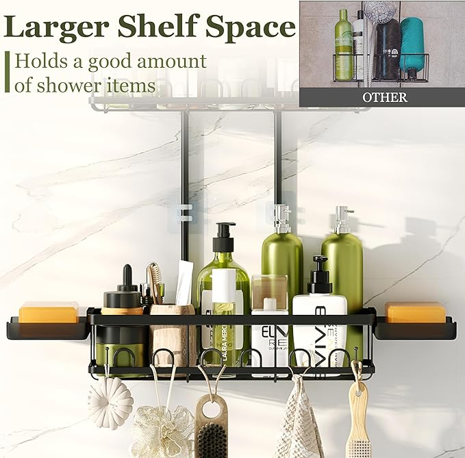 Skyapex Shower Caddy Hanging Over Shower Head, Adjustable Black Bathroom Organizer for Inside Shower, Rust-Resistant Stainless Steel Caddy with 2 Baskets, Hooks & Soap Dish for Tall Bottles
