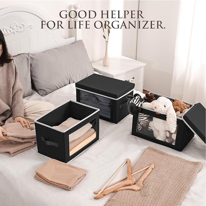 Homsorout Storage Boxes with Lids, Collapsible Storage Bins with Handles, Closet Storage Baskets with Window, Fabric Storage Containers for Organizing Clothes, Towels, Books, 3 Packs, Black