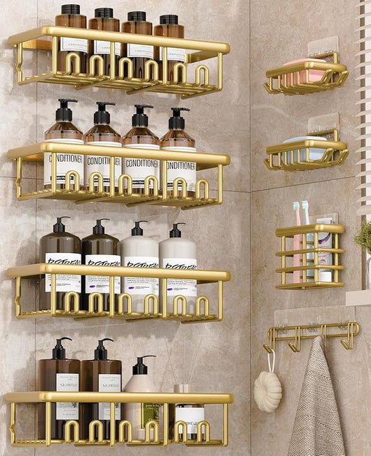 8 Pack Adhesive Rustproof Shower Caddy with Soap Dishes, Gold