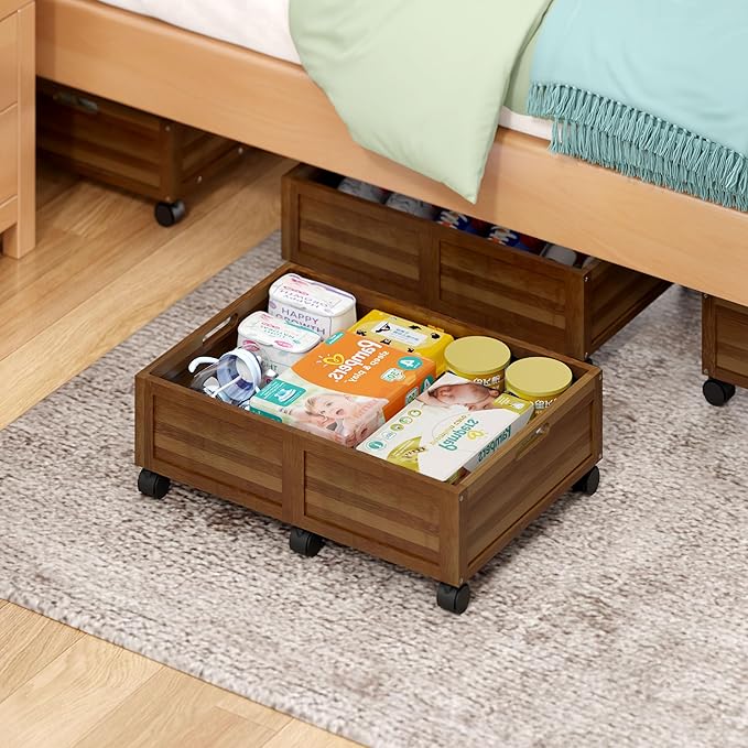 WISUCART Wood Under Bed Storage Containers Underbed Organizer with Wheels Sturdy Wood Rolling Under Bed Shoe Storage Organizer 2 Packs (Walnut, Small)
