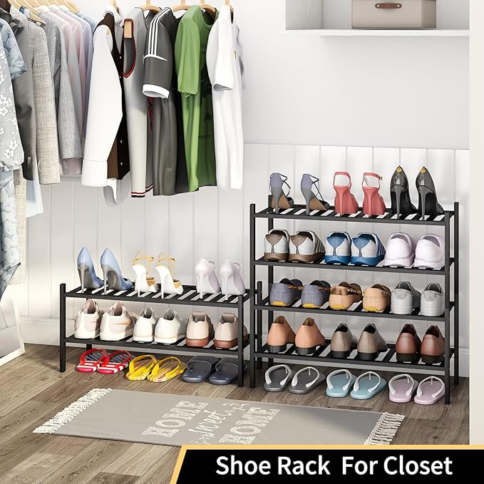 Shoe Rack, 2-Tier Bamboo Stackable Shoe Shelf Storage Organizer