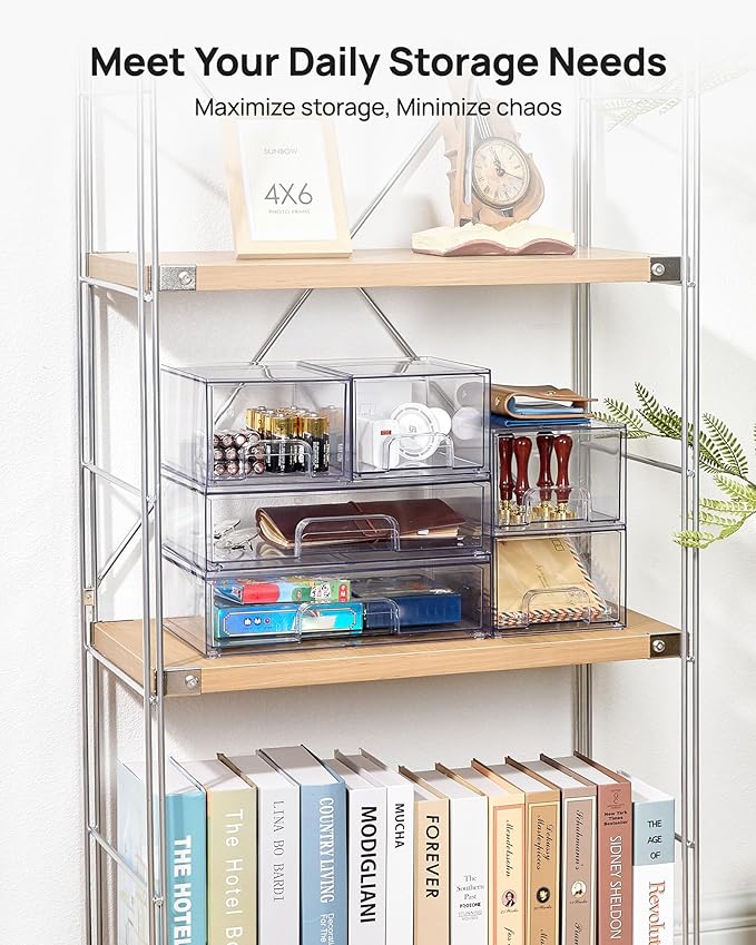 Clear Stackable Storage Drawers Set of 5, Plastic Organizer Bins for Makeup