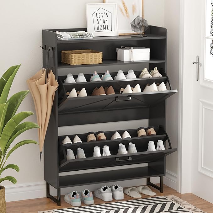 Shoe Cabinet with 2 Flip Drawers, Freestanding Hidden Shoe Storage Organizer for Entryway, Narrow Slim Shoe Rack Cabinet with Open Storage & Hooks for Front Door Entrance, Living Room, Hallway, Black