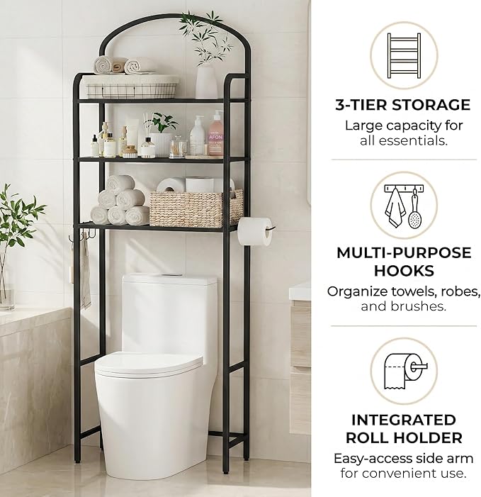 Over The Toilet Storage Rack - 3 Tier Bathroom Organizer with 4 Hooks & Paper Holder - Space Saving Metal Shelf for Bathroom - Black Toilet Storage