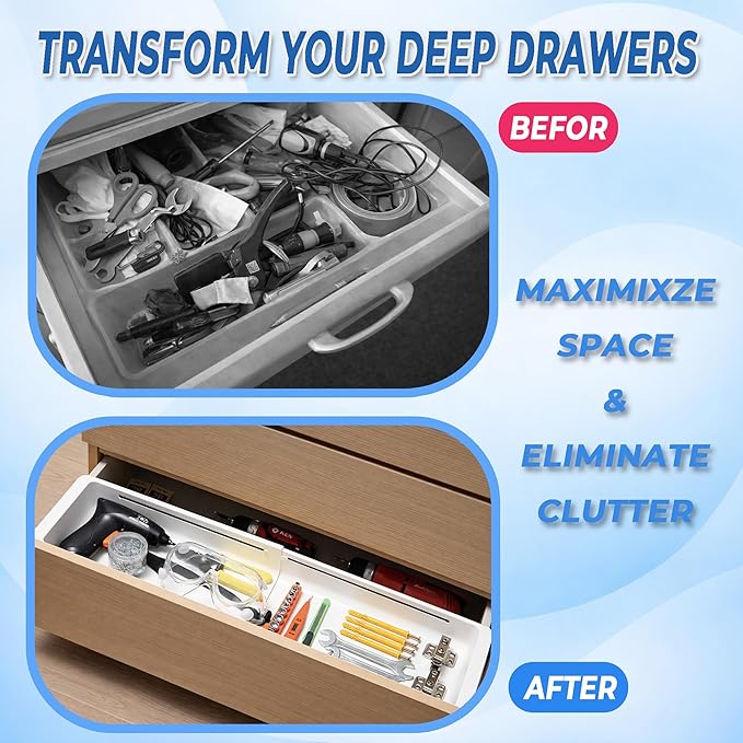 2-Pack Expandable Drawer Organizer for Deep Drawers, Adjustable 17–27 in Storage Tray, Durable PP Smooth Glide Divider for Kitchen, Vanity & Office, Space-Saving Design