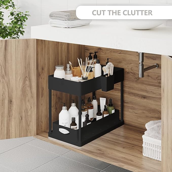 Hearth & Harbor 2-Pack Black Under Sink Organizers with Hanging Hooks and Non-Slip Rubber Legs