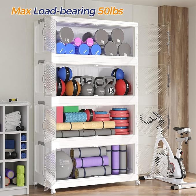 120Gal/480QT 4-Tiers Extra Large Stackable Storage Bins with Lid, Collapsible Cabinet Closet Organizer Plastic Container Box with Wheels Doors Drawers for Office Dorm Kitchen, White